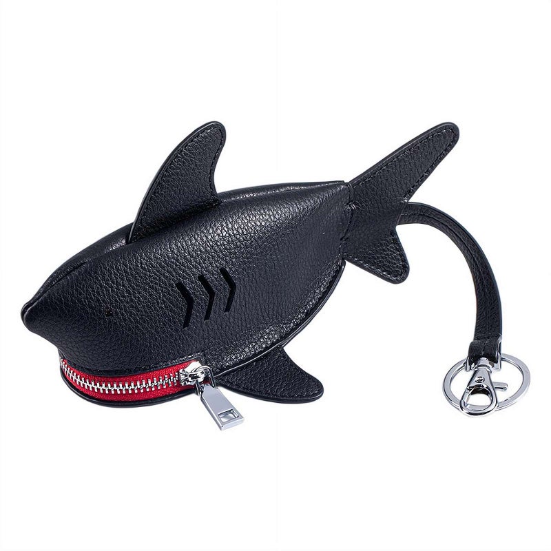 Shark Shaped Key Case - Genuine Leather Car Key Protective Bag with Zipper and Hook, Capacity Keychain for Adult (Red) - Image 1